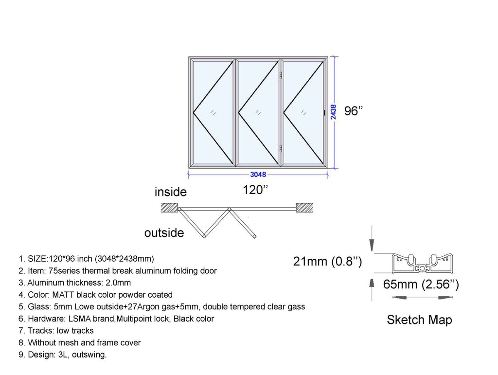 Aluminum Bifold Door 120"Wx96"H - OUT SWING FROM EXTERIOR VIEW image 5