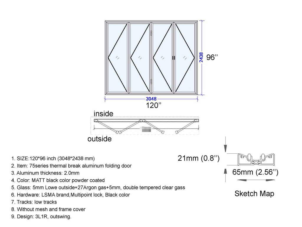 Aluminum Bifold Door 120"Wx96"H - OUT SWING FROM EXTERIOR VIEW image 16