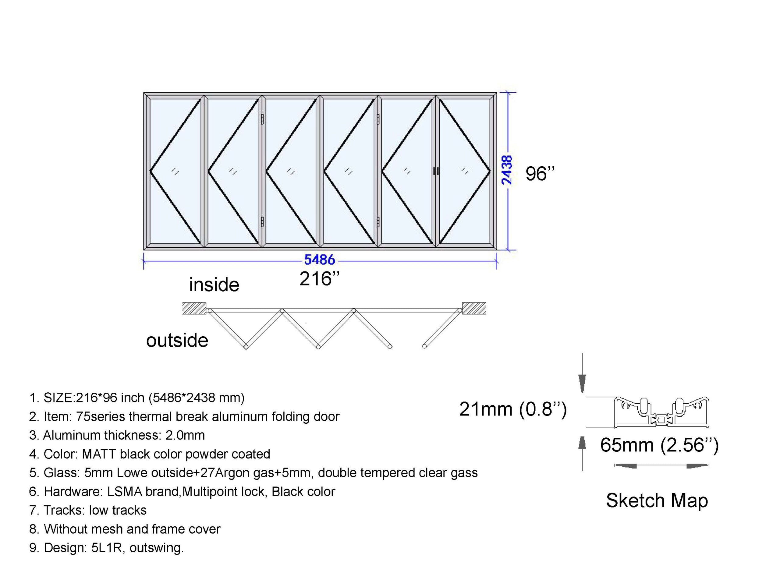 Aluminum Bifold Door 216"Wx96"H - OUT SWING FROM EXTERIOR VIEW image 14