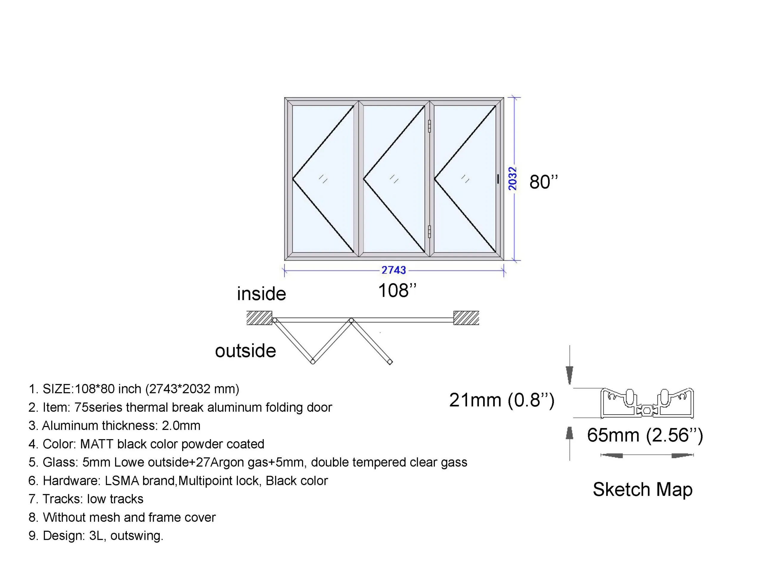 Aluminum Bifold Door 108"Wx80"H - OUT SWING FROM EXTERIOR VIEW image 1