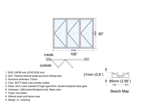 Aluminum Bifold Door 108"Wx80"H - OUT SWING FROM EXTERIOR VIEW image 1