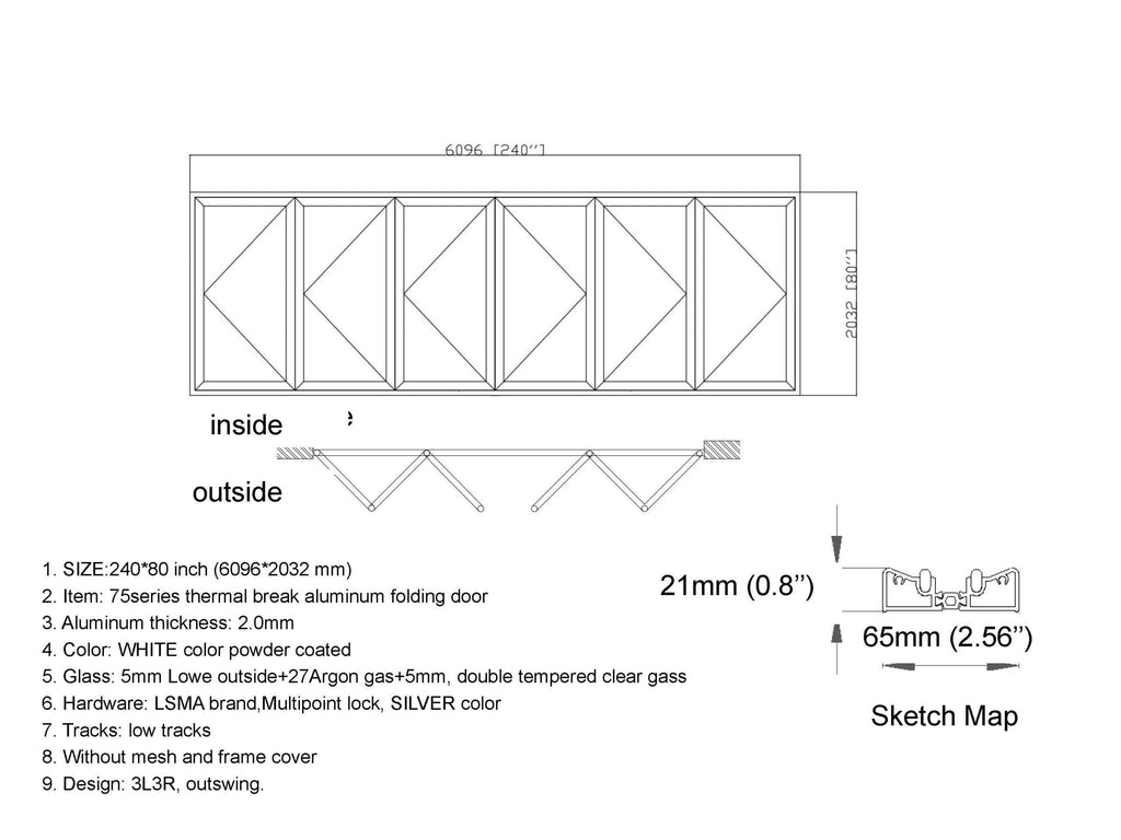 Aluminum Bifold Door 240"Wx80"H - OUT SWING FROM EXTERIOR VIEW image