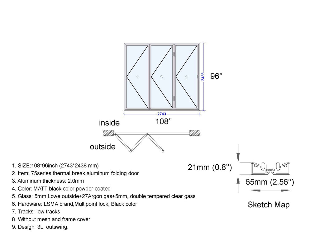Aluminum Bifold Door 120"Wx80"H - OUT SWING FROM EXTERIOR VIEW image 1