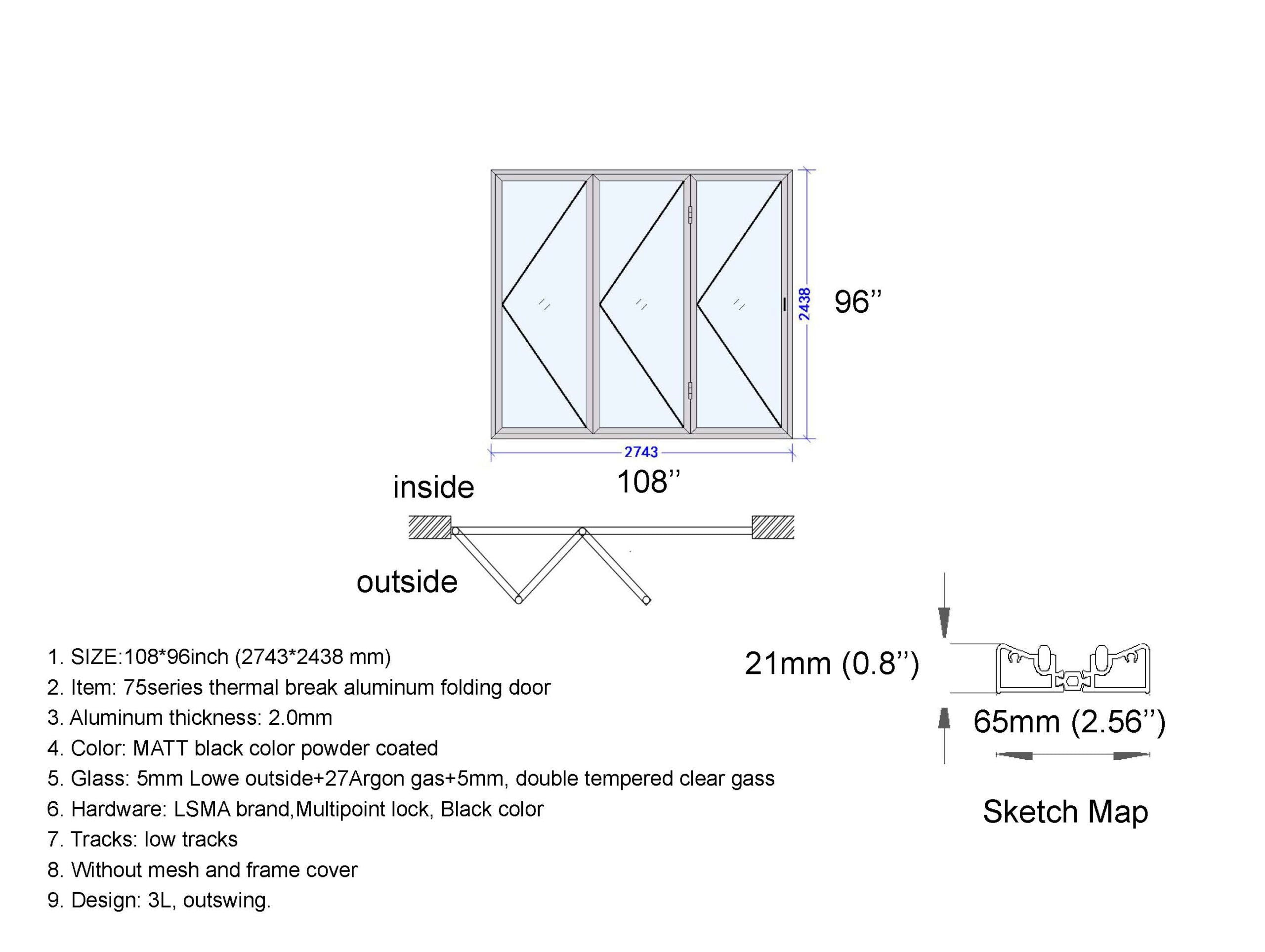 Aluminum Bifold Door 120"Wx80"H - OUT SWING FROM EXTERIOR VIEW image 1