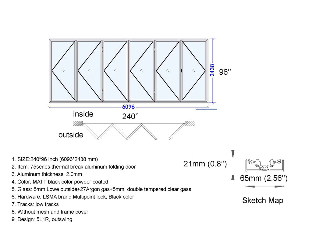 Aluminum Bifold Door 240"Wx96"H - OUT SWING FROM EXTERIOR VIEW image 9