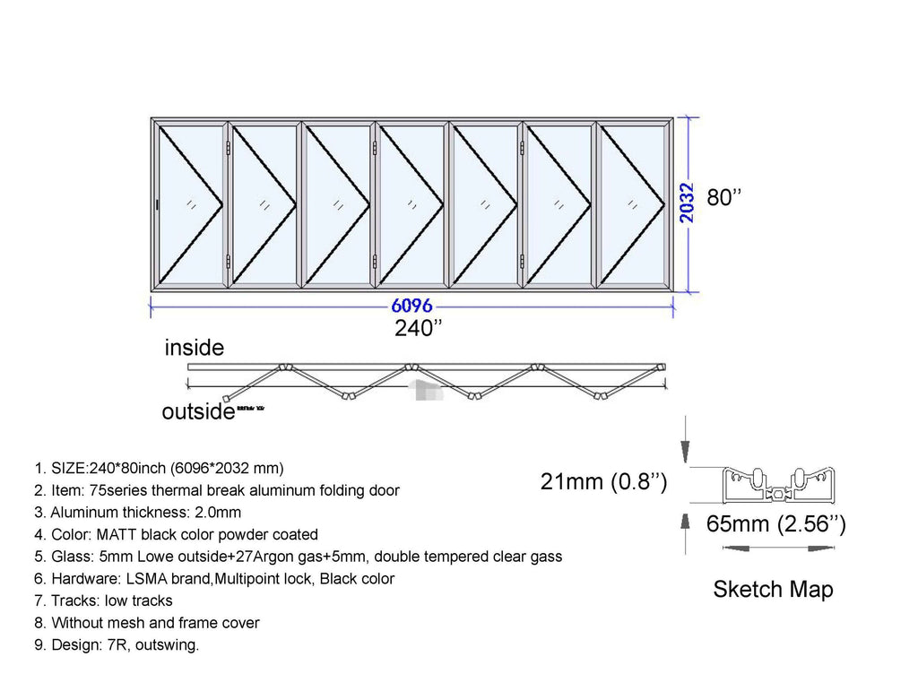 Aluminum Bifold Door 240"Wx80"H - OUT SWING FROM EXTERIOR VIEW image