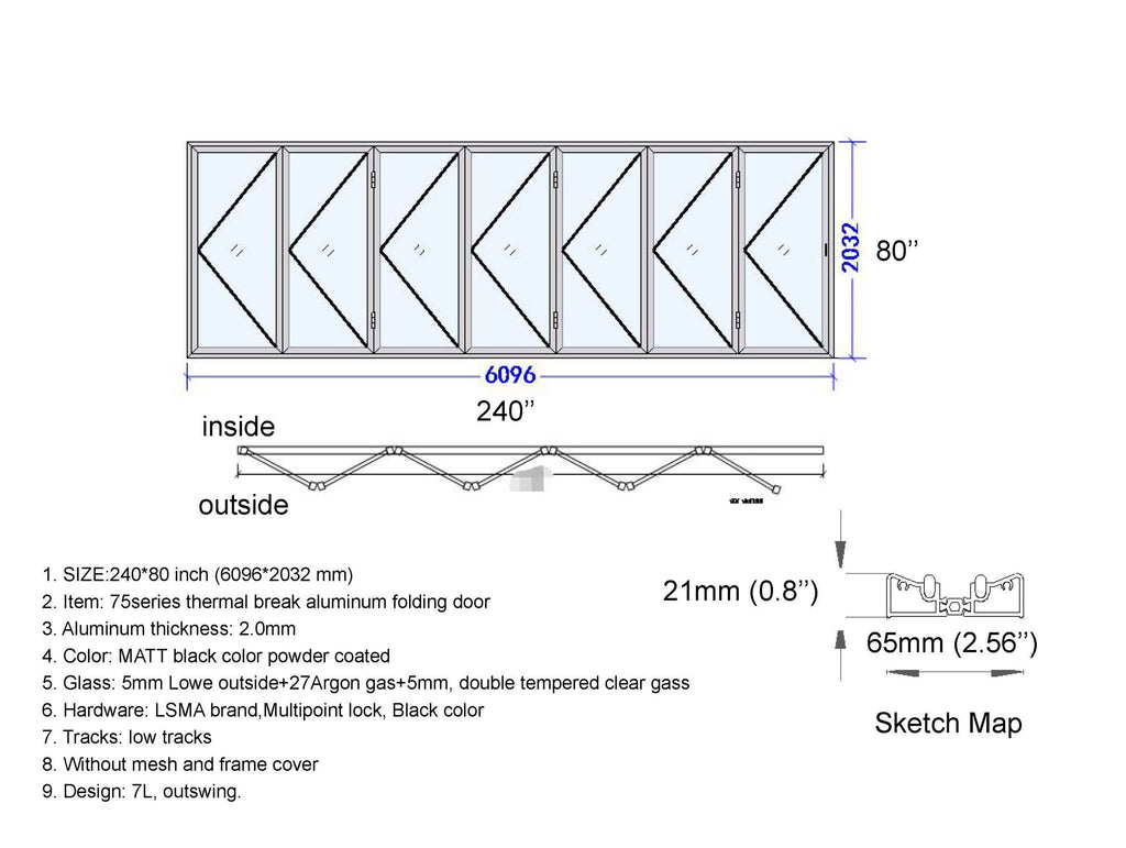 Aluminum Bifold Door 240"Wx80"H - OUT SWING FROM EXTERIOR VIEW image