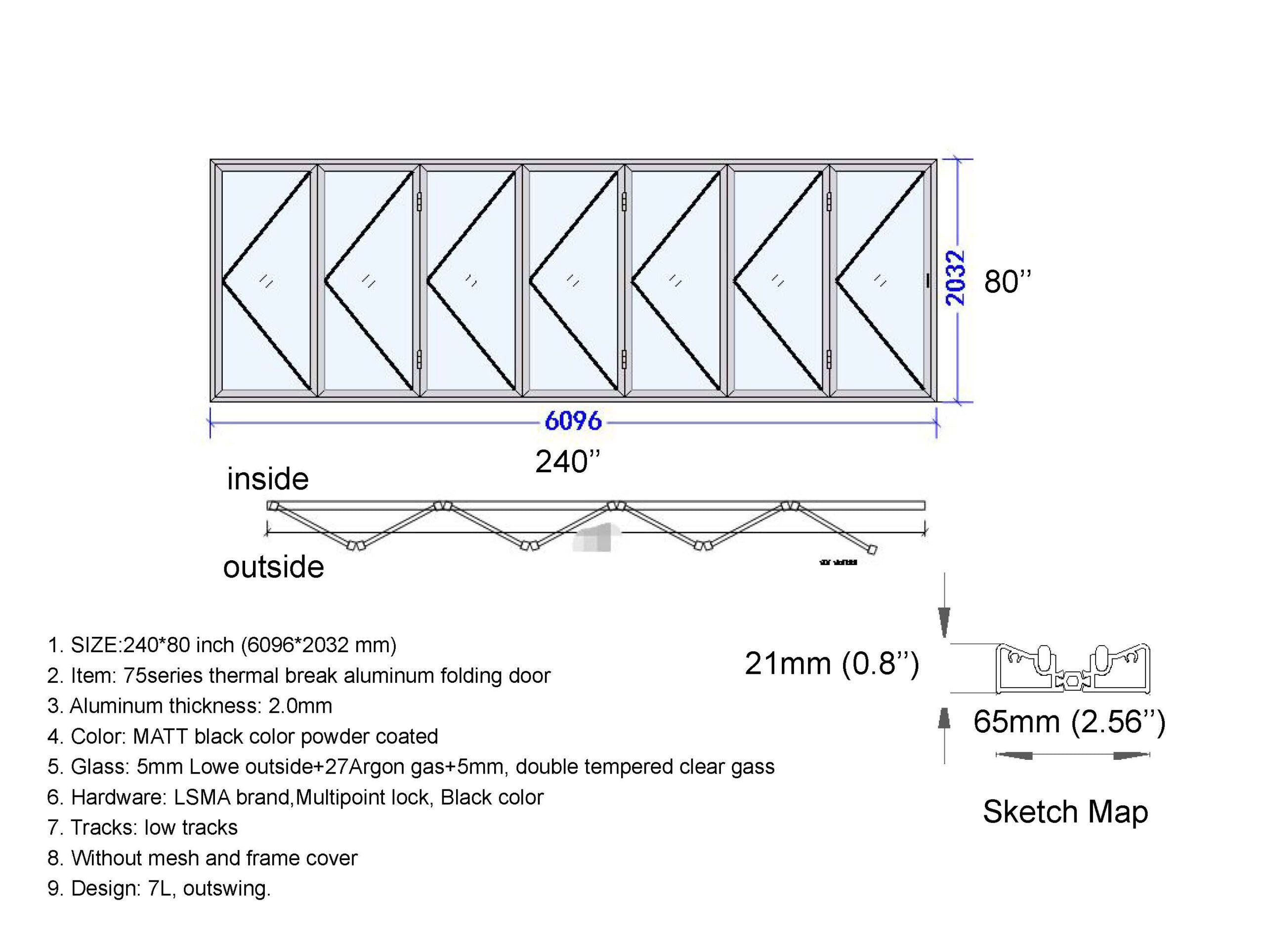 Aluminum Bifold Door 240"Wx80"H - OUT SWING FROM EXTERIOR VIEW image