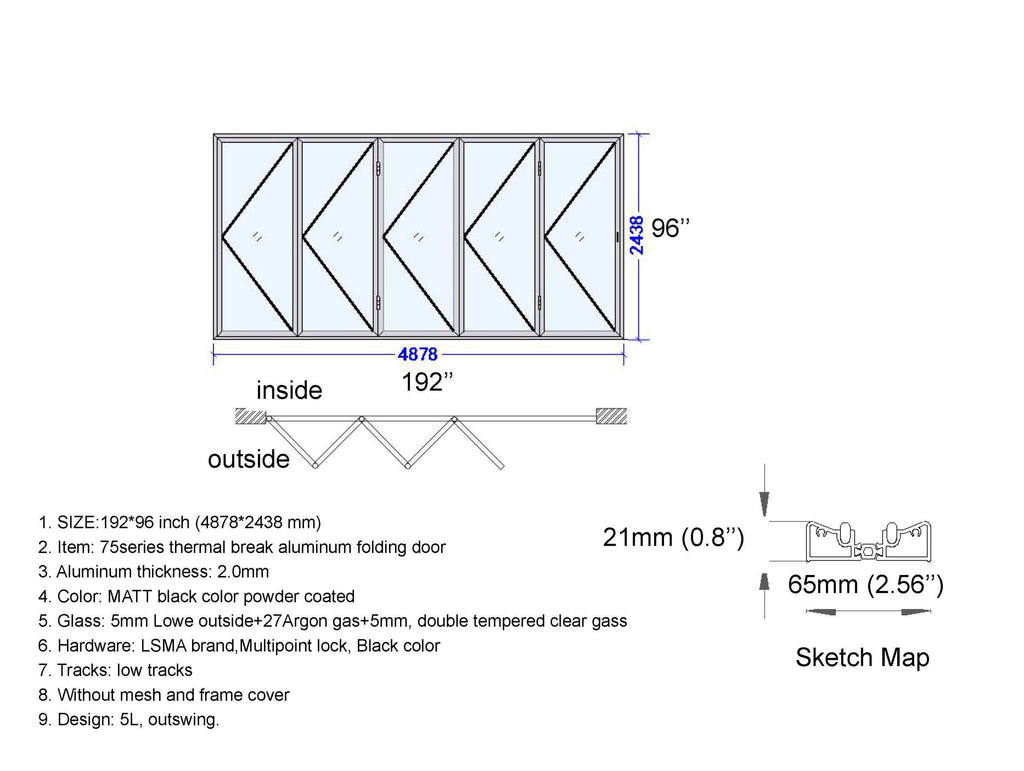 Aluminum Bifold Door 192"Wx96"H - OUT SWING FROM EXTERIOR VIEW image