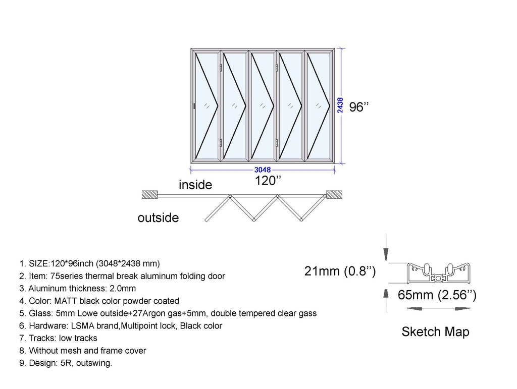 Aluminum Bifold Door 120"Wx96"H - OUT SWING FROM EXTERIOR VIEW image 15