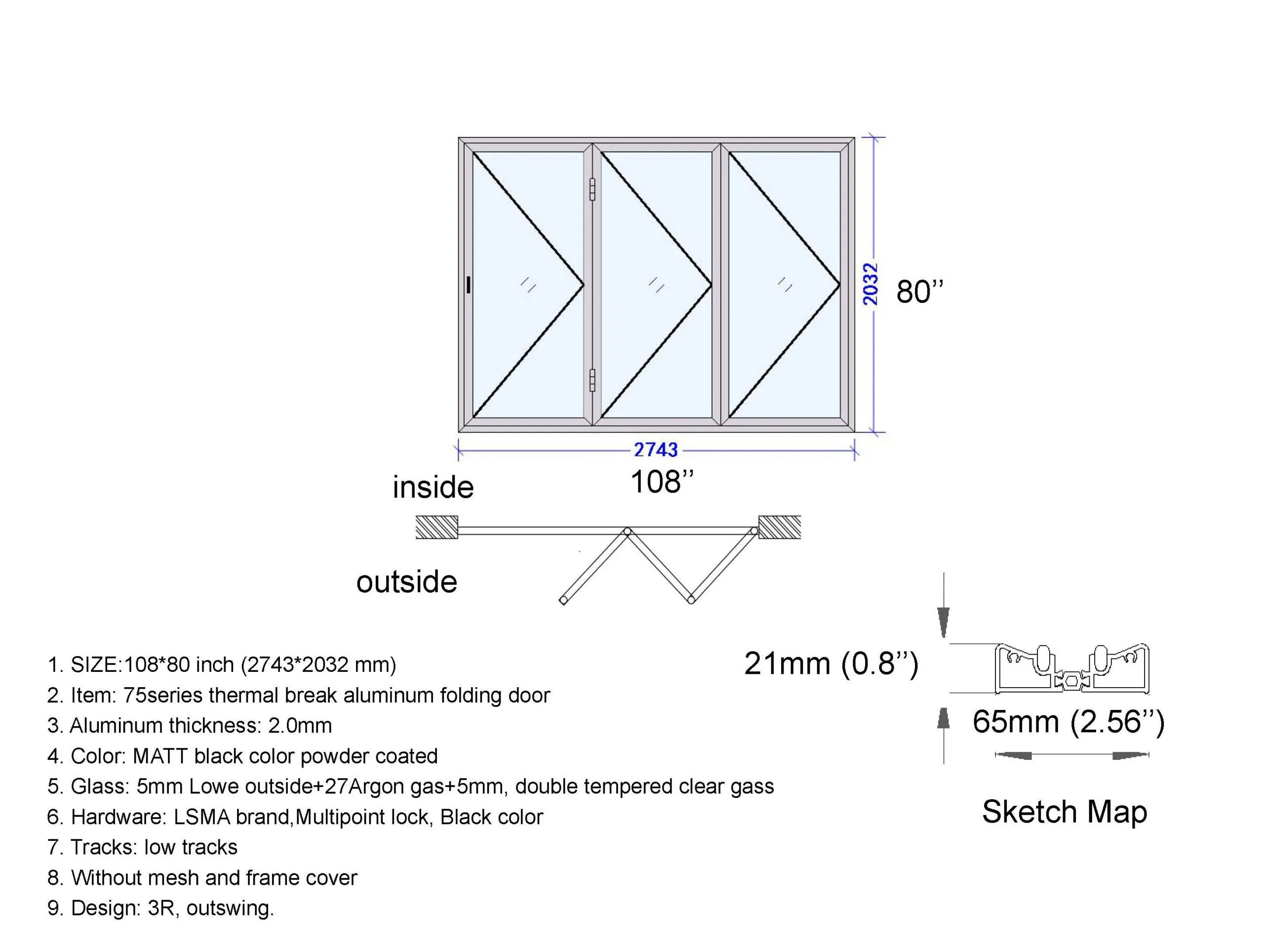 Aluminum Bifold Door 108"Wx80"H - OUT SWING FROM EXTERIOR VIEW image 3