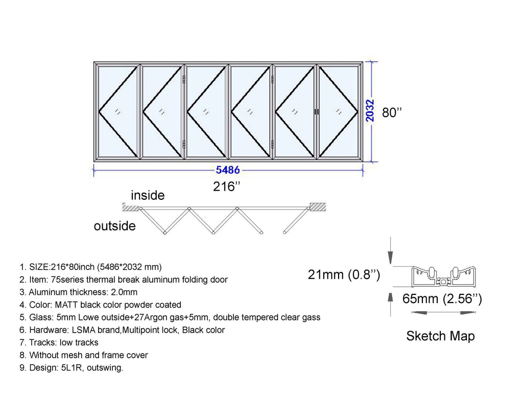Aluminum Bifold Door 216"Wx80"H - OUT SWING FROM EXTERIOR VIEW image