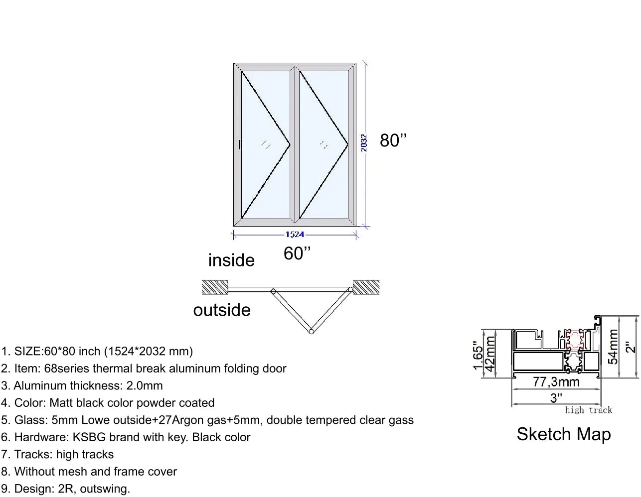 Aluminum Bifold Door 60"Wx80"H - OUT SWING FROM EXTERIOR VIEW image 1
