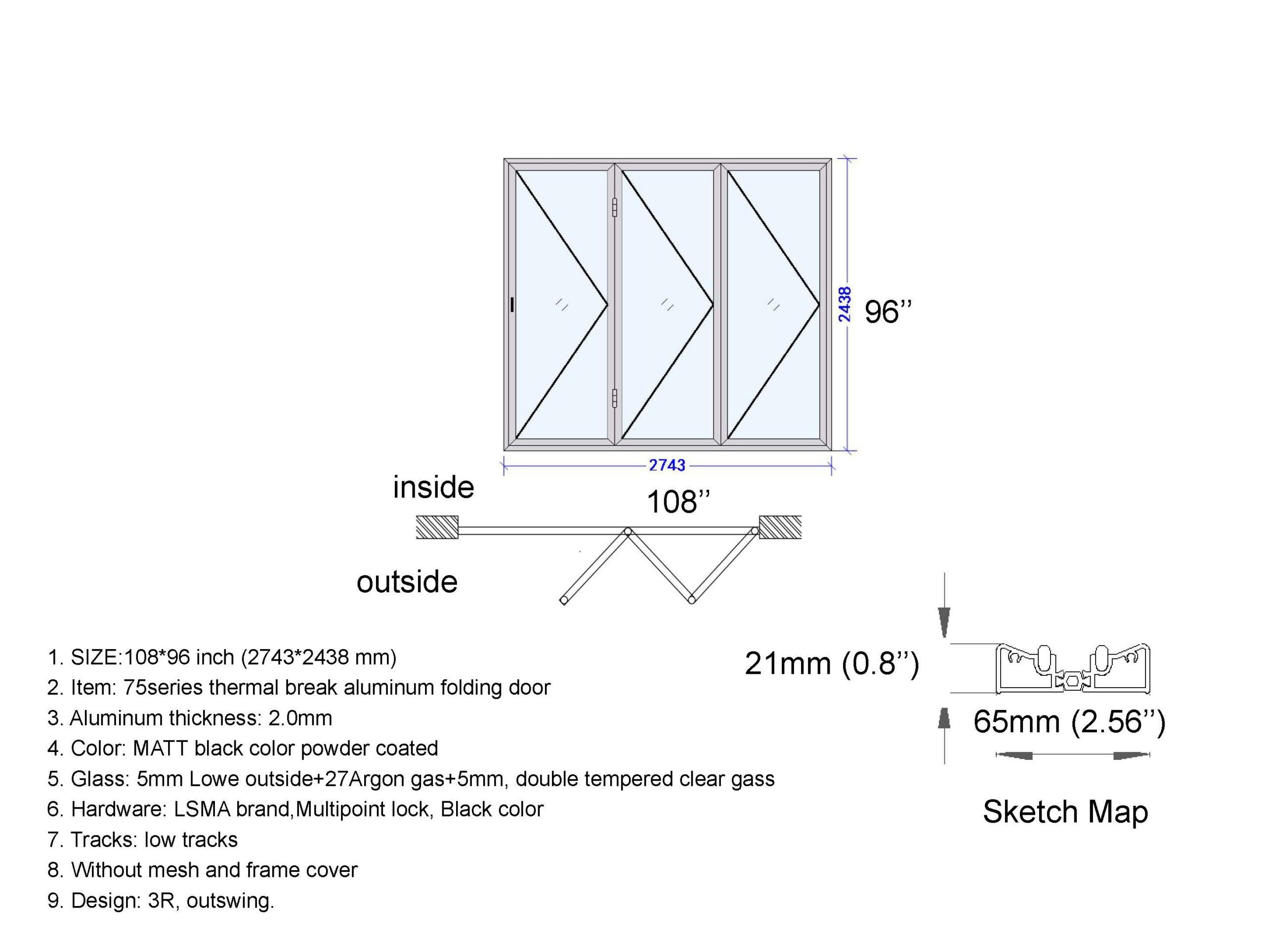 Aluminum Bifold Door 120"Wx80"H - OUT SWING FROM EXTERIOR VIEW image 3
